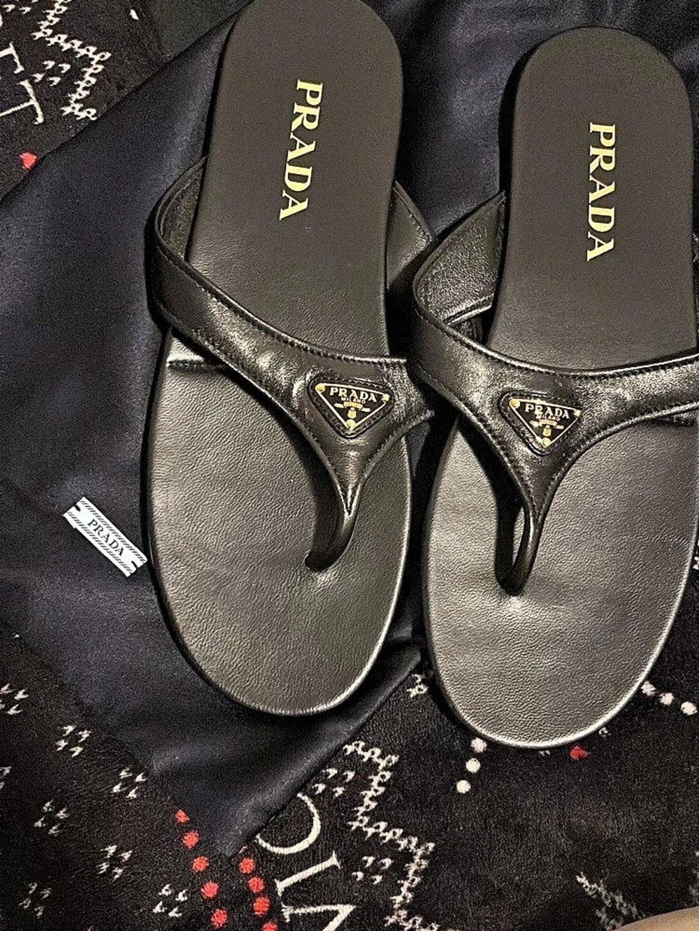 Prada Triangle Logo Patent Leather Thong Sandals Black